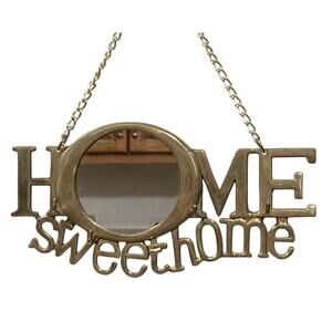 Vintage 1970s Hanging Brass Key Holder Home Sweet Home with Mirror and 5 Hooks